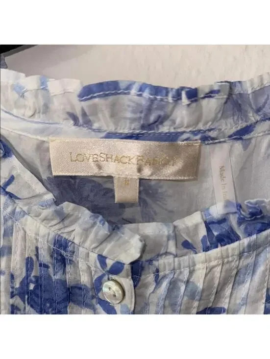 LoveShackFancy Blue and White Flutter Sleeve Cropped Blouse - Picture 2 of 3